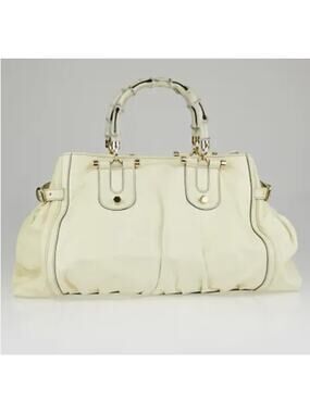 Gucci Cream Color Leather Bamboo Pop Large Satchel Tote Bag Luxury